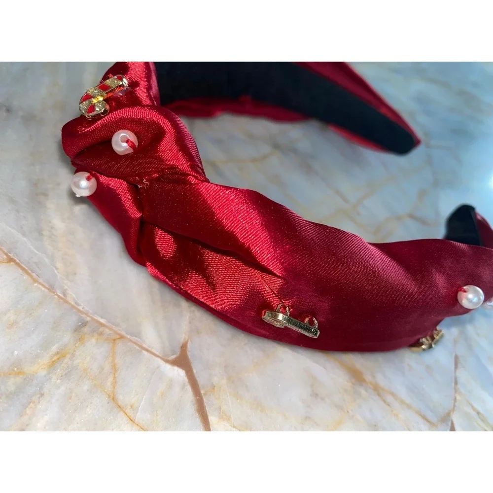 Red Satin Knotted Headband Faux Pearl Candy Cane Christmas Holiday‎ Charms Wide